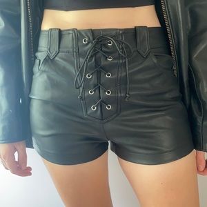 Faux leather lace up shorts.